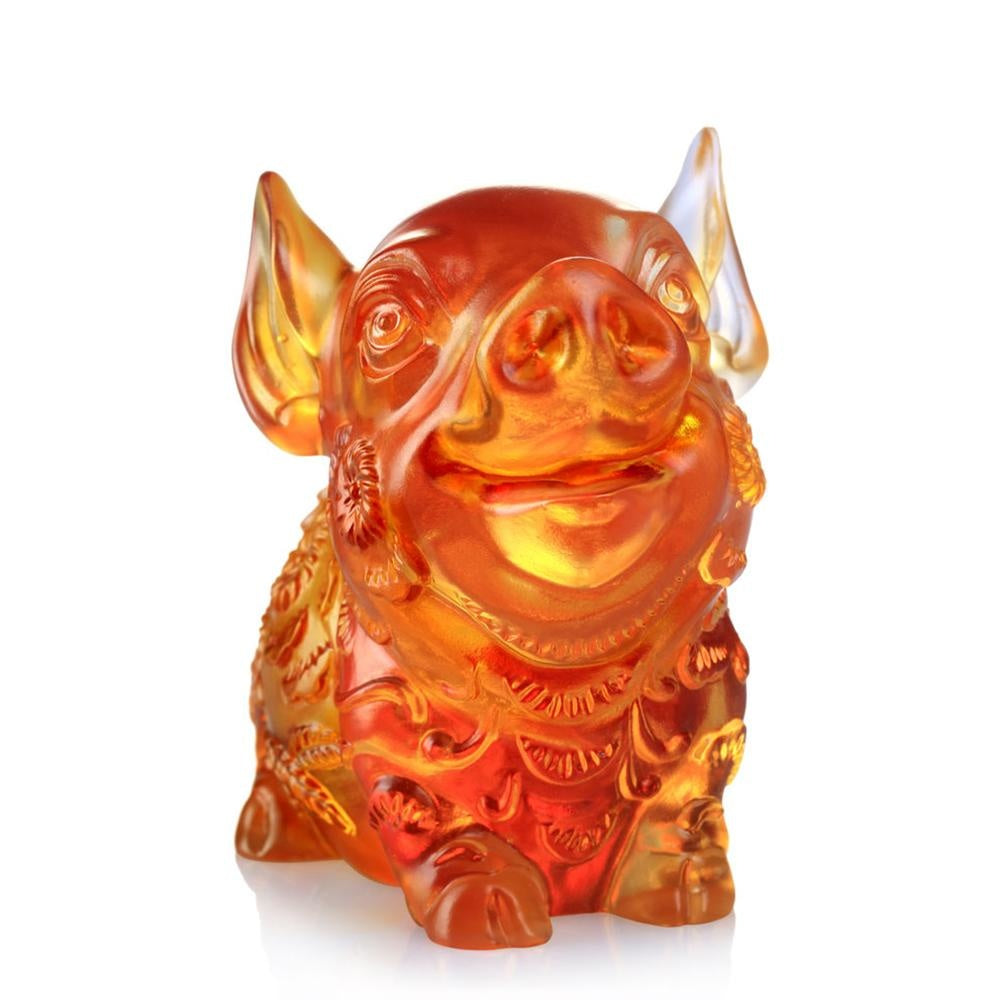 LIULI Crystal Art Crystal Year of the Pig "Piglet of Fortune" Chinese Zodiac Figurine in Dark Amber/Light Amber (Limited Edition)