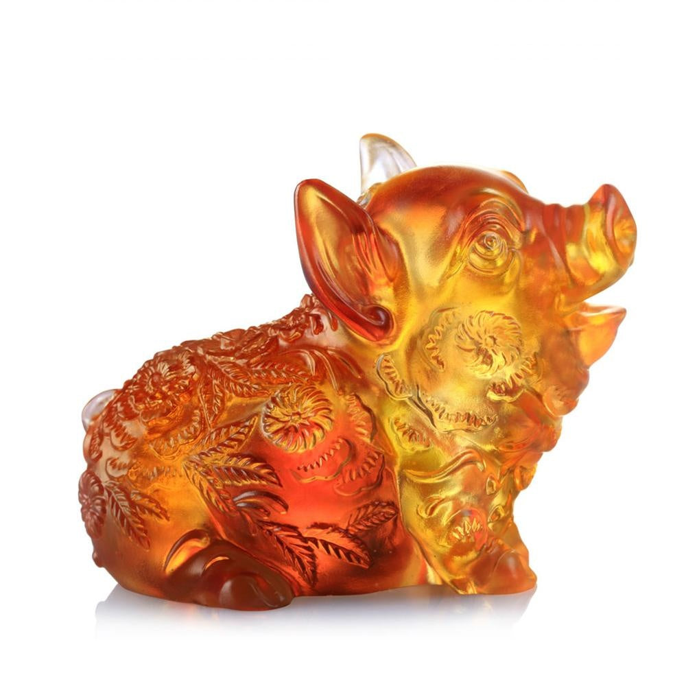 LIULI Crystal Art Crystal Year of the Pig "Piglet of Fortune" Chinese Zodiac Figurine in Dark Amber/Light Amber (Limited Edition)