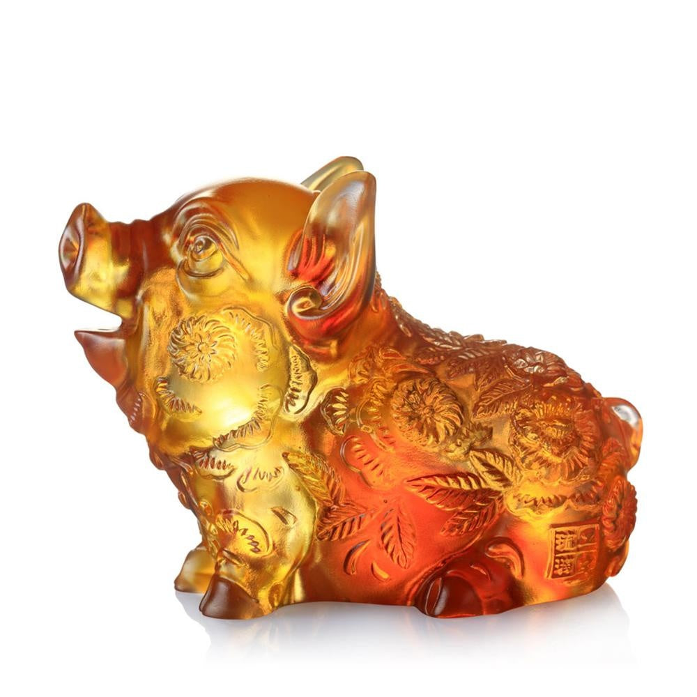 LIULI Crystal Art Crystal Year of the Pig "Piglet of Fortune" Chinese Zodiac Figurine in Dark Amber/Light Amber (Limited Edition)