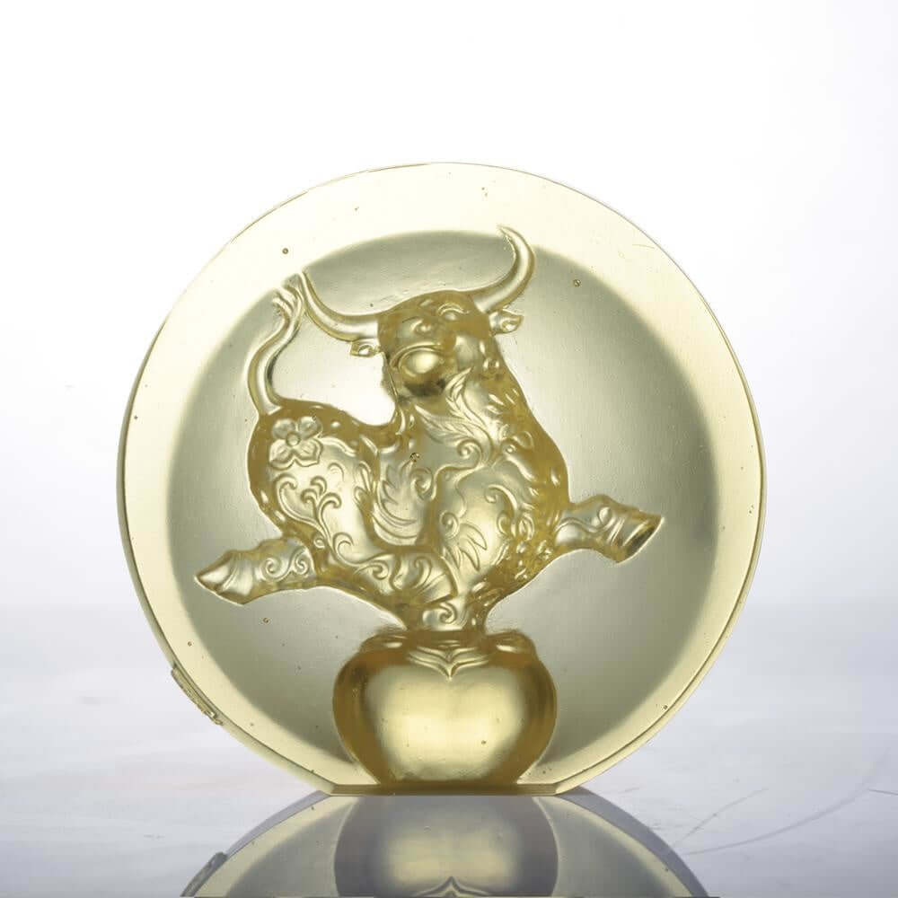 LIULI Crystal Art Crystal "The Joyful Spirit of the Ox" Paperweight in Gold