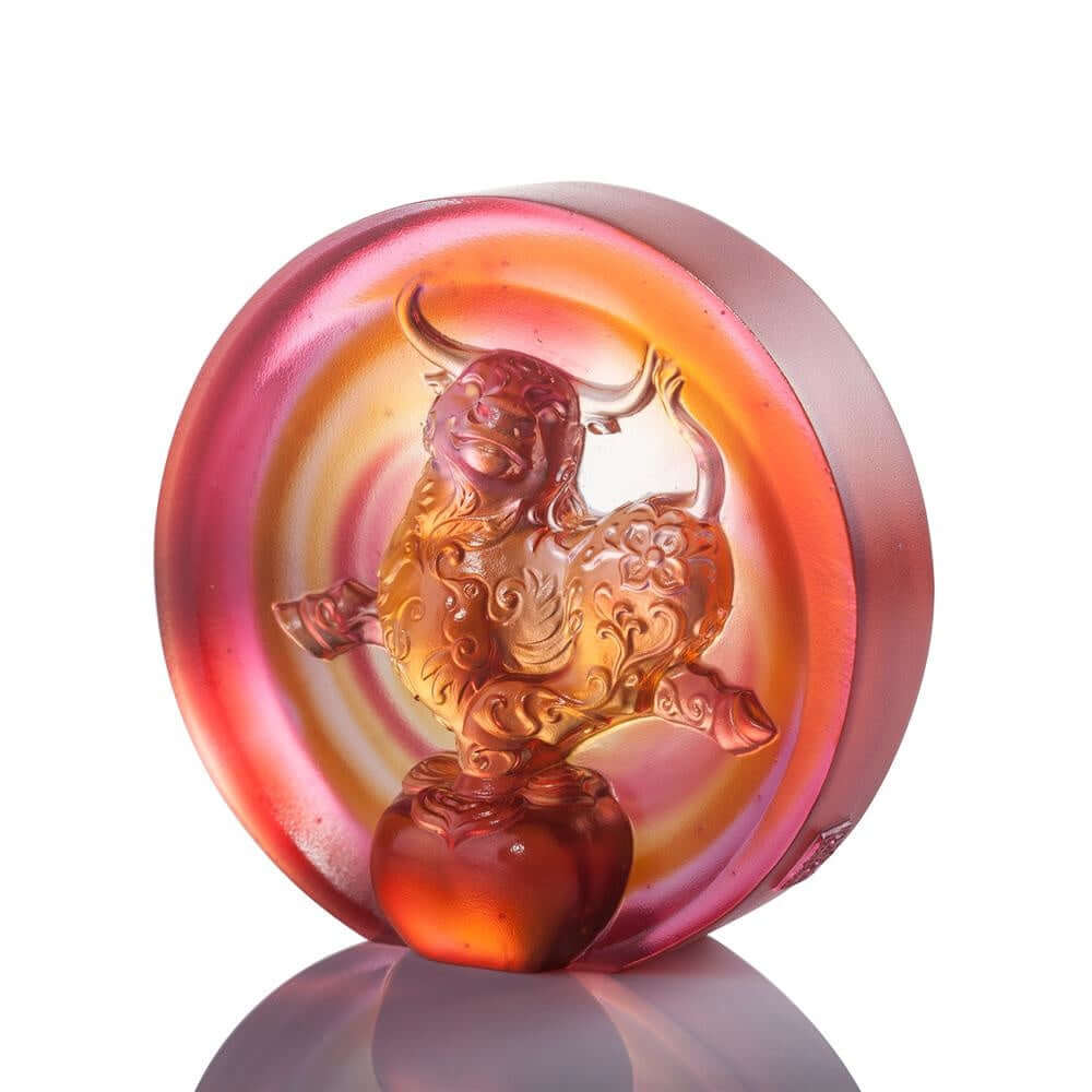 LIULI Crystal Art Crystal "The Joyful Spirit of the Ox" Paperweight in Amber and Golden Red