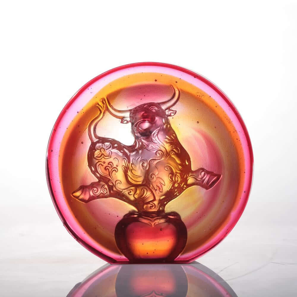 LIULI Crystal Art Crystal "The Joyful Spirit of the Ox" Paperweight in Amber and Golden Red