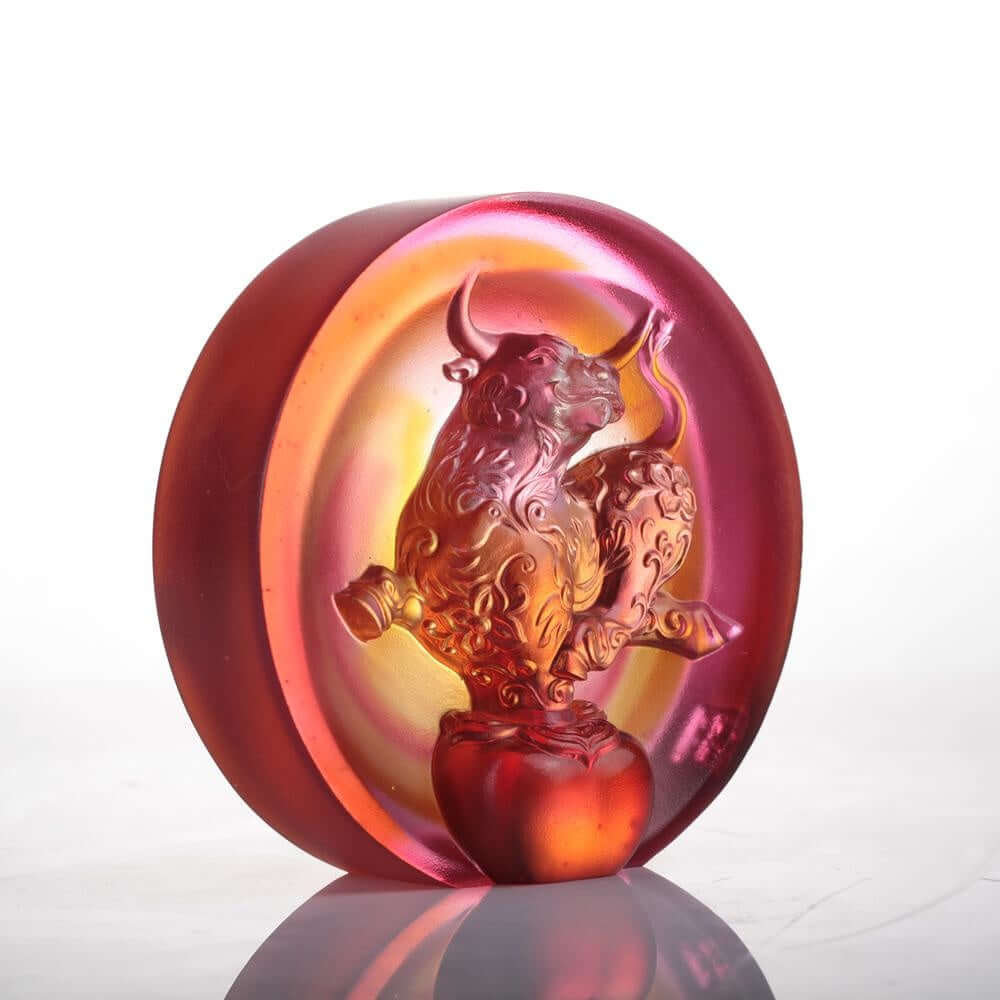 LIULI Crystal Art Crystal "The Joyful Spirit of the Ox" Paperweight in Amber and Golden Red