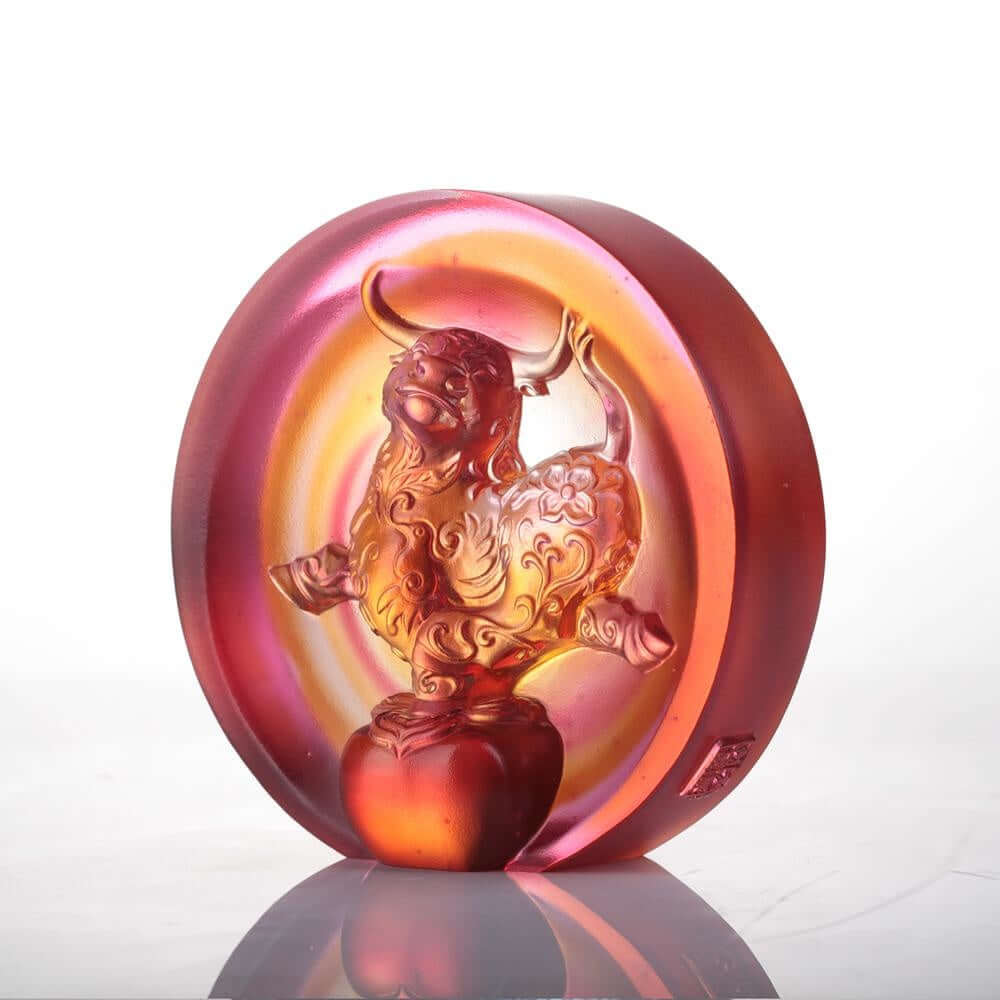 LIULI Crystal Art Crystal "The Joyful Spirit of the Ox" Paperweight in Amber and Golden Red