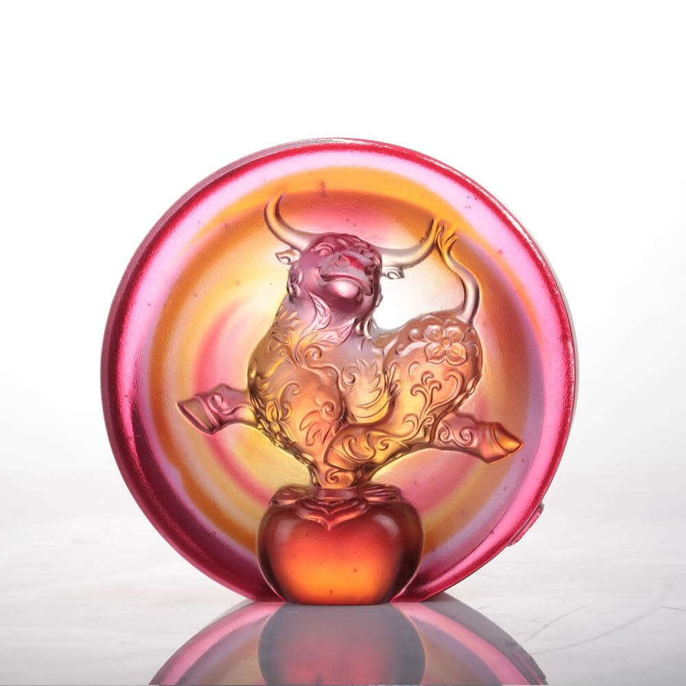LIULI Crystal Art Crystal "The Joyful Spirit of the Ox" Paperweight in Amber and Golden Red