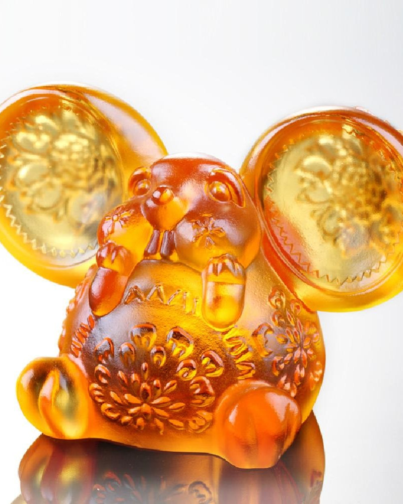 LIULI Crystal Art Crystal Year of the Rat "Come Fortune" Chinese Zodiac Mouse Figurine in Amber (Limited Edition)
