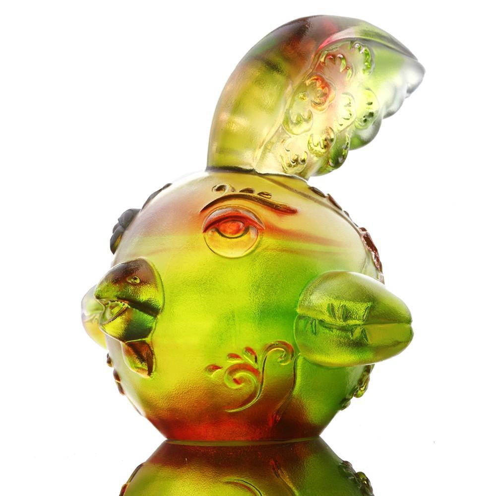 LIULI Crystal Art Crystal Year of the Rooster "The First Call" Chinese Zodiac Figurine, Gold Red/Green (Limited Edition)