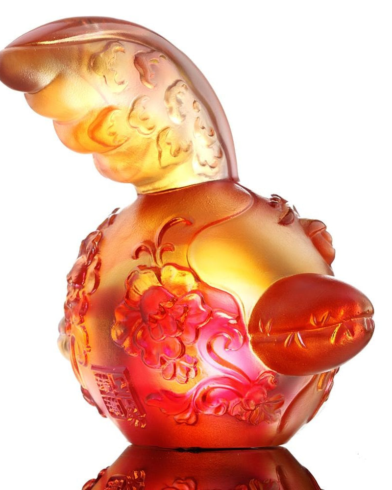LIULI Crystal Art Crystal Year of the Rooster "The First Call" Chinese Zodiac Figurine in Amber/Gold Red (Limited Edition)