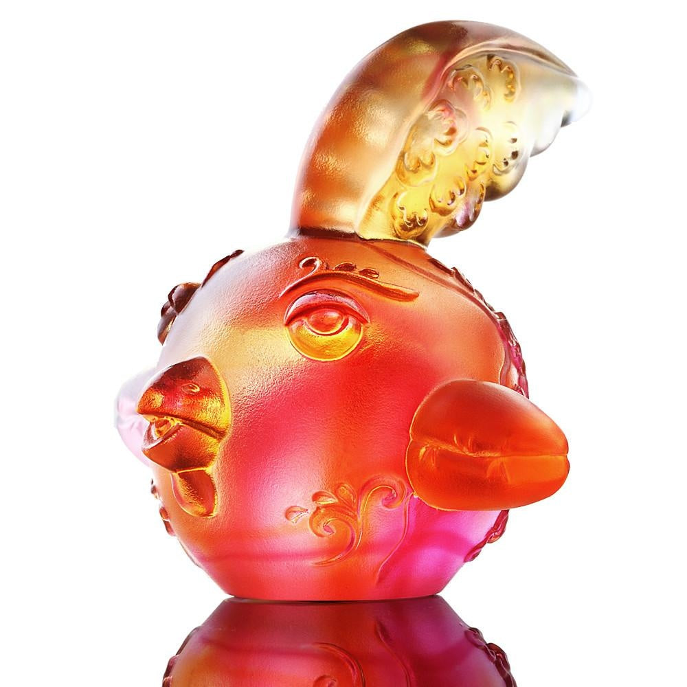 LIULI Crystal Art Crystal Year of the Rooster "The First Call" Chinese Zodiac Figurine in Amber/Gold Red (Limited Edition)