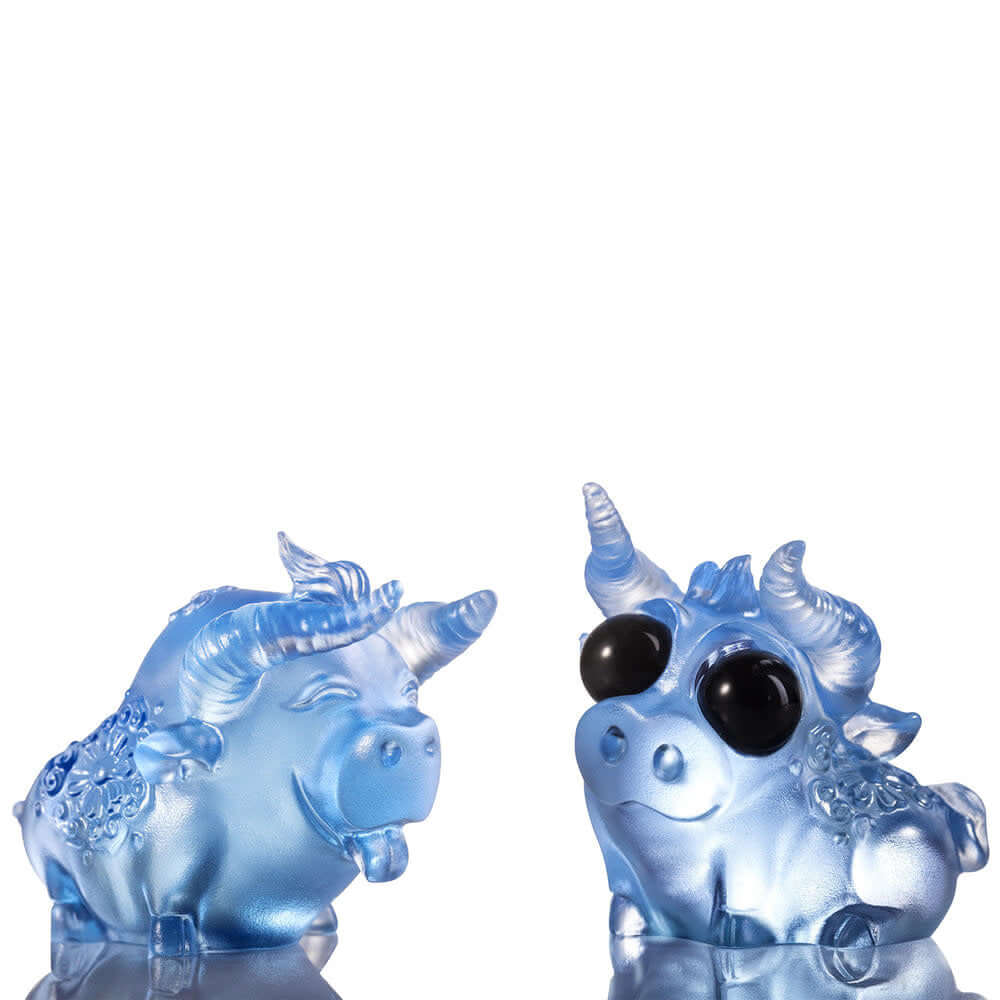 LIULI Crystal Art Chinese Year of the Ox Crystal Sculpture "We Are Remarkable"