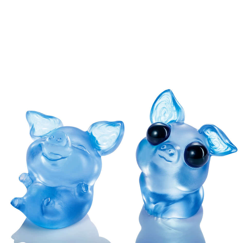 LIULI Crystal Art Chinese Year of the Pig Crystal Sculpture, One and the Same- Happy Go Lucky