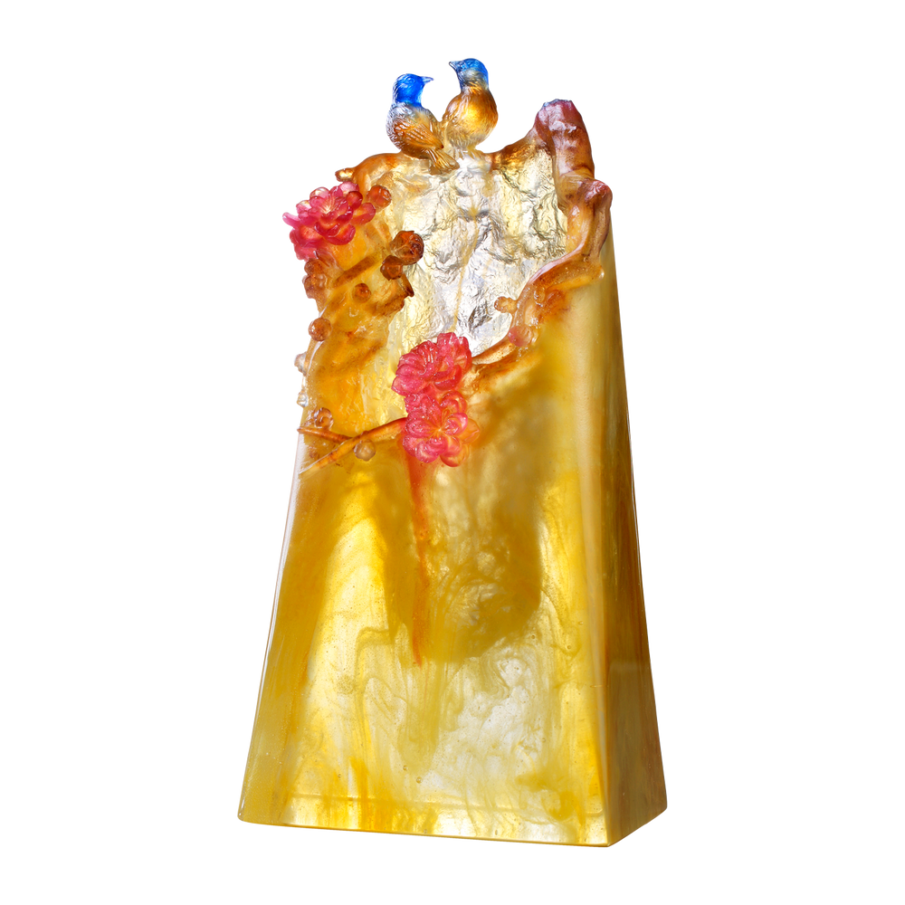 LIULI Crystal Art Crystal Flower, Peach, "Mountain in Crimson Bloom"