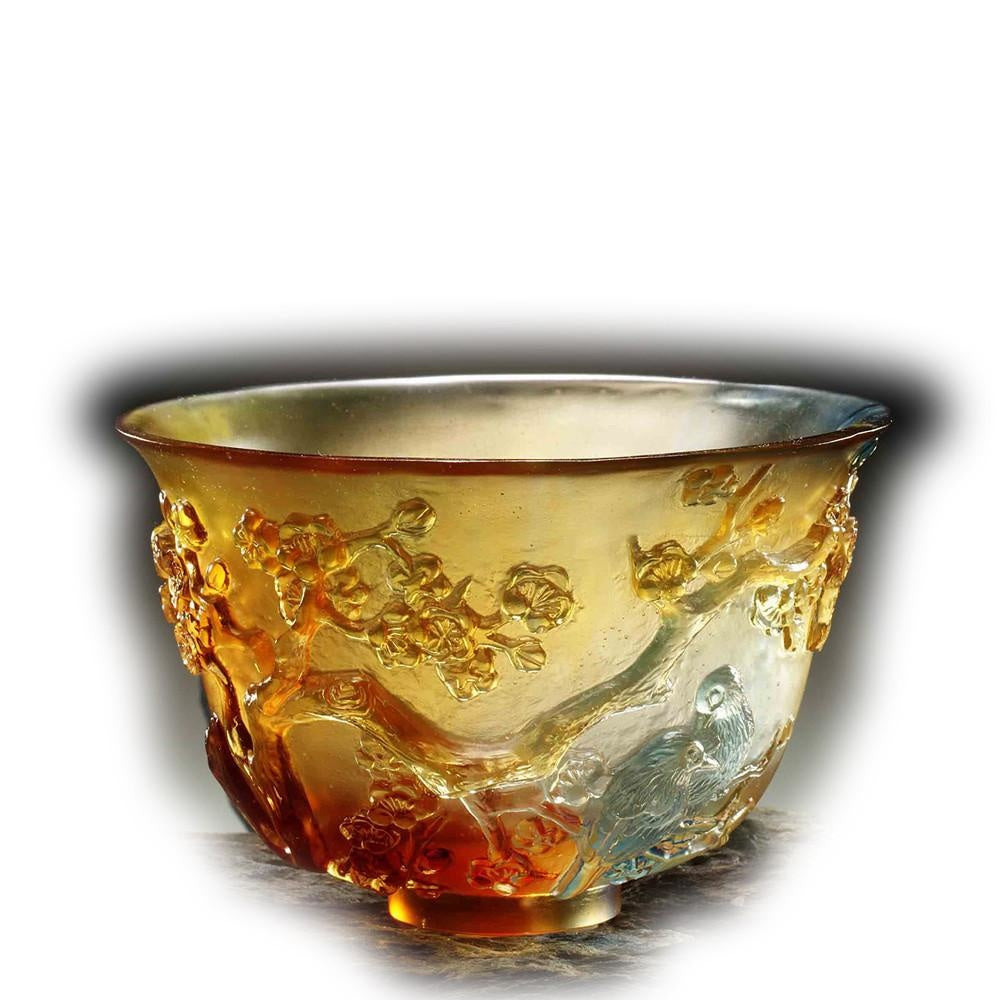 LIULI Crystal Art Crystal Plum Blossom Bowl, The Four Gentlemen-The Plum Gentleman, Amber/Sky Blue (Limited Edition)