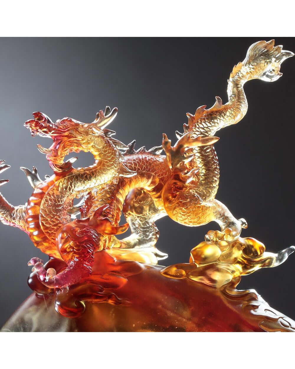 LIULI Crystal Art Crystal Dragon "Emergence of the Leadership Dragon" 24K Gilded Amber/Gold Red (Limited Edition)