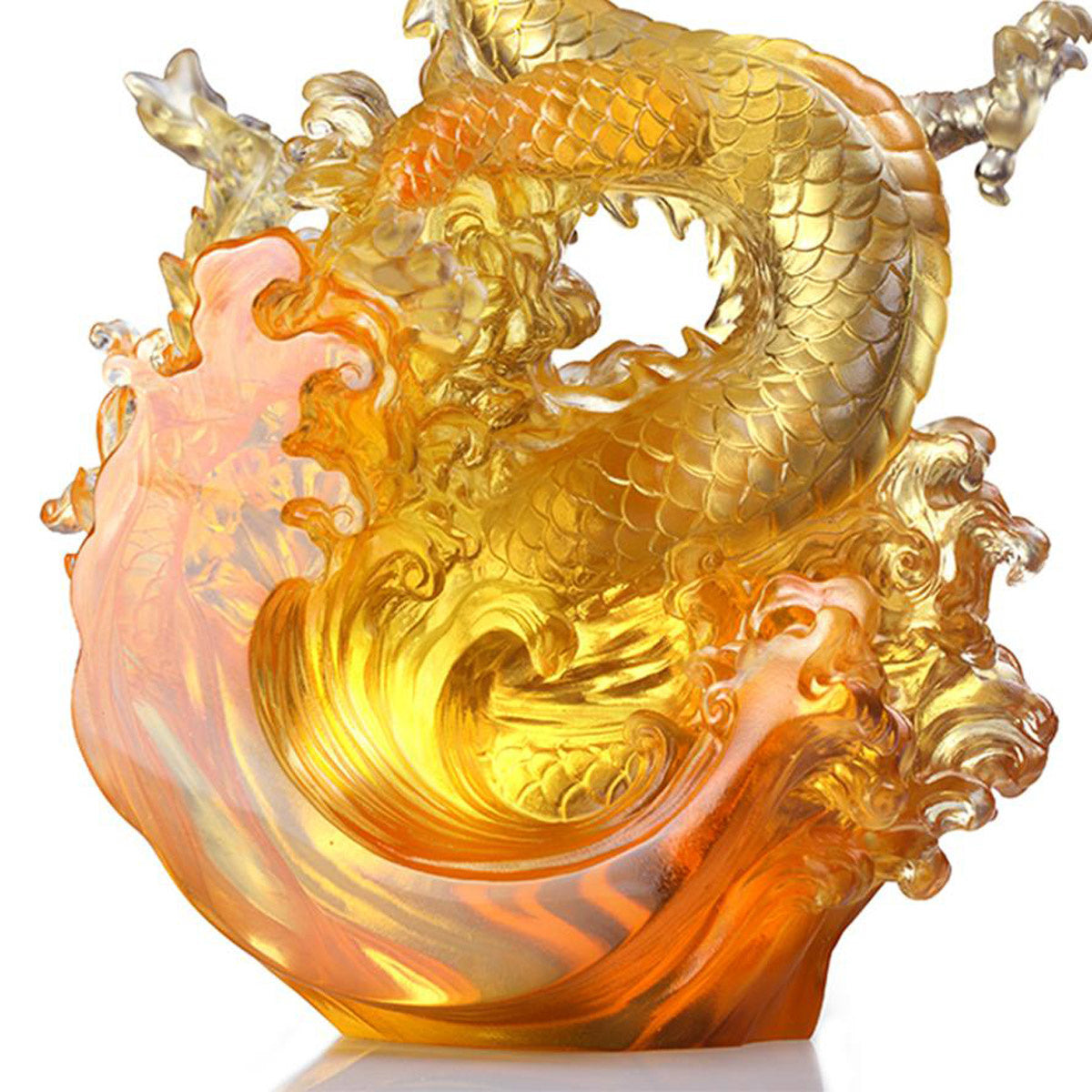 LIULI Crystal Art LIULI Crystal Dragon, Ocean Wave, Dragon of Excellence in Gold
