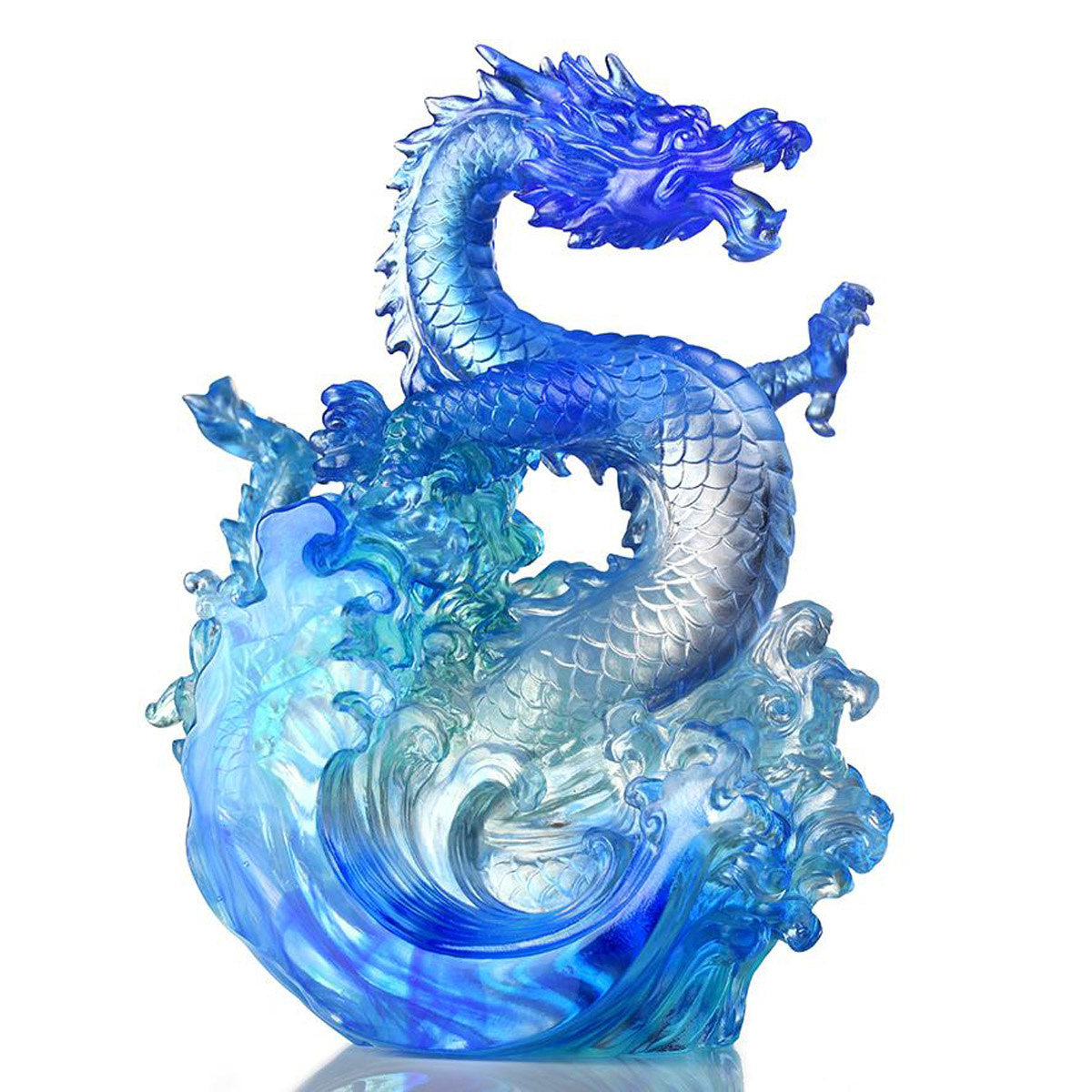 LIULI Crystal Art Crystal Dragon, Ocean Wave, Dagon of Excellence in Sapphire Blue