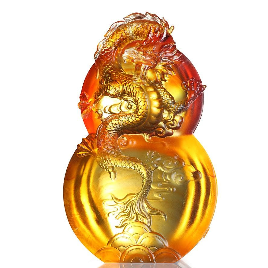 LIULI Crystal Art Crystal Flying Dragon Sculpture on Hulu Gourd, "Ambition of the Heavenly Dragon"