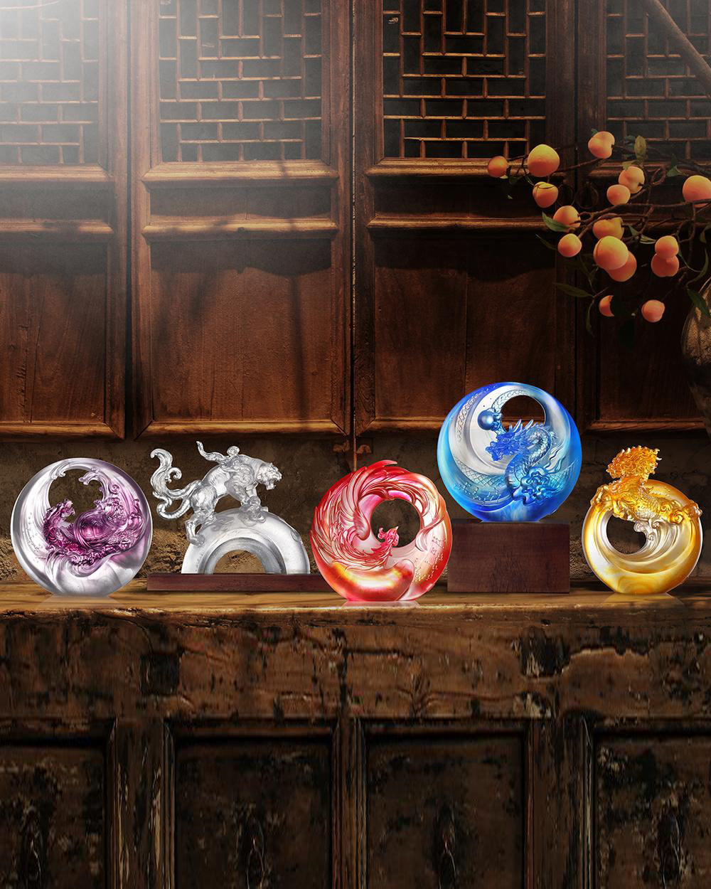 LIULI Crystal Art Crystal Mythical Creatures, Set of 5, Dragon, Vermillion Bird, Qilin, Tiger, Tortoise (Dark set)