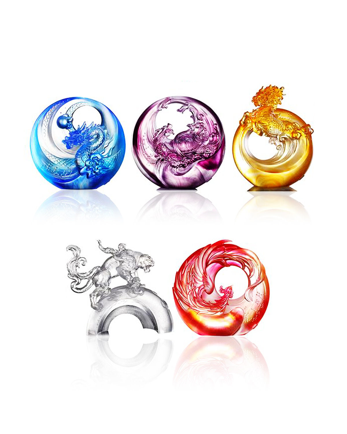 LIULI Crystal Art Crystal Mythical Creatures, Set of 5, Dragon, Vermillion Bird, Qilin, Tiger, Tortoise (Dark set)