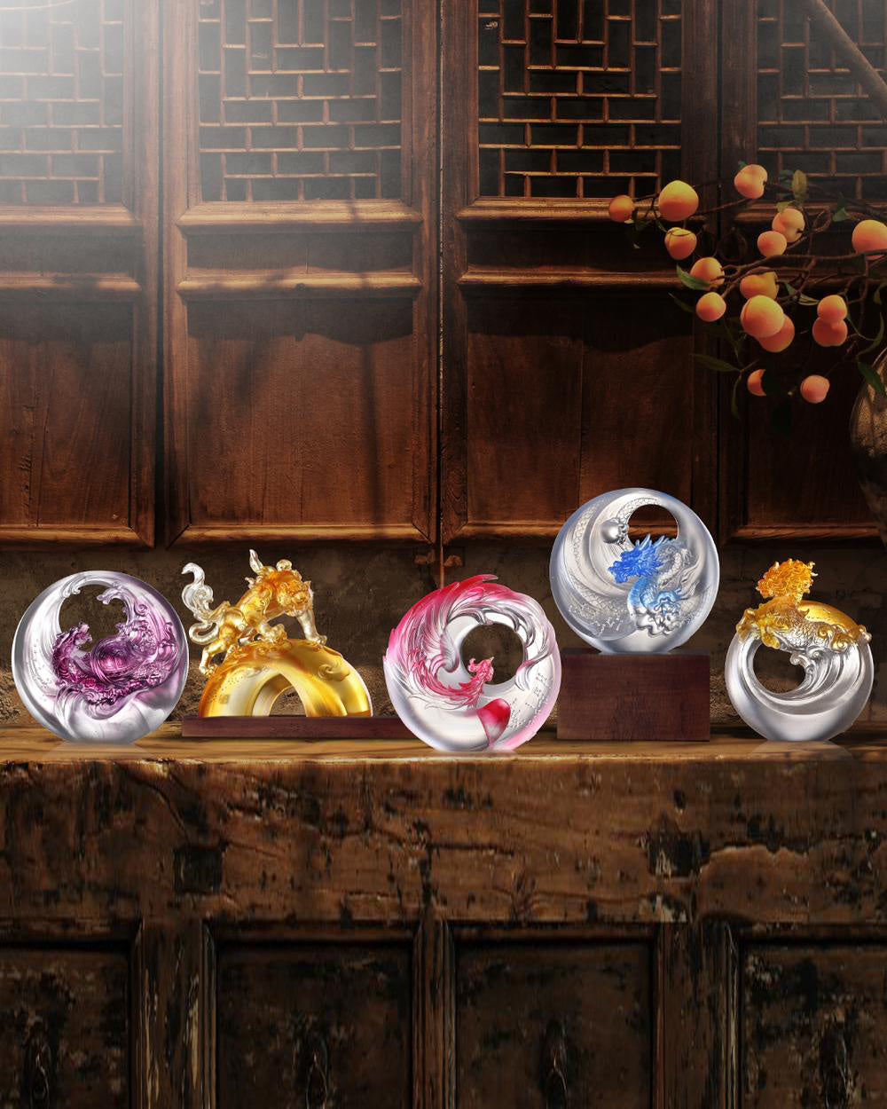 LIULI Crystal Art Crystal Mythical Creatures, Set of 5, Dragon, Vermillion Bird, Qilin, Tiger, Tortoise (Light set)