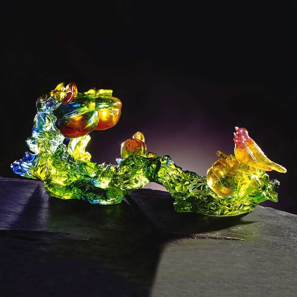 LIULI Crystal Art Lovely Bird with Ruyi Figurine (Double Happiness) - "Great Happiness"