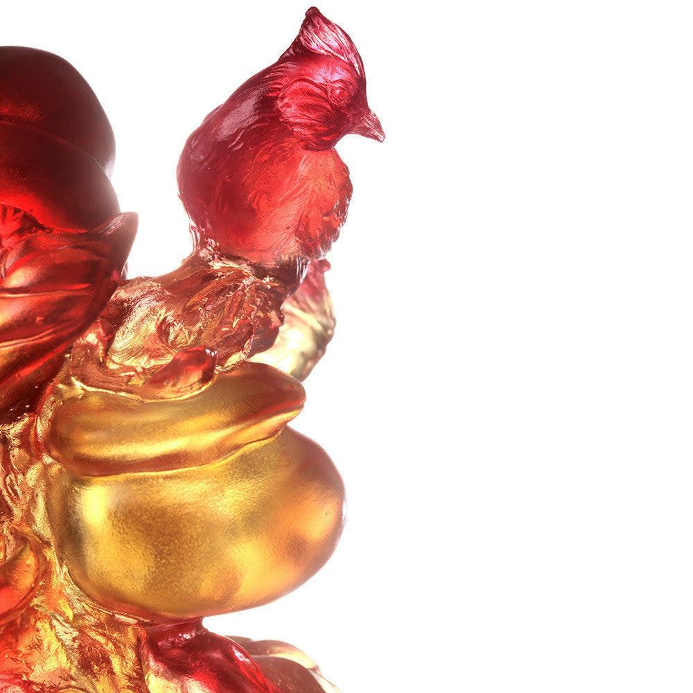 LIULI Crystal Art Crystal Magpie with Ruyi Feng Shui Sculpture, "Ruyi Charged with Joy"