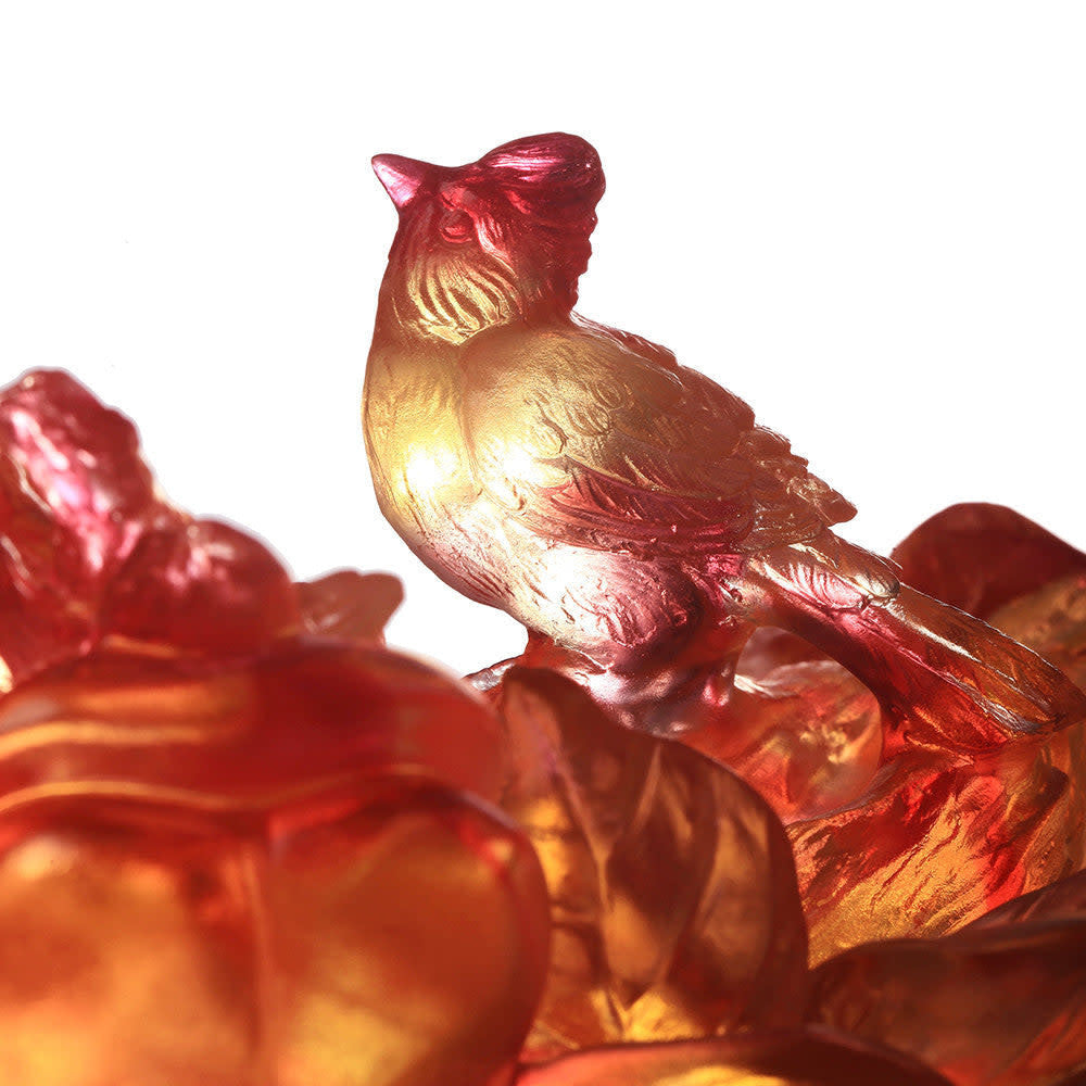 LIULI Crystal Art Crystal Magpie with Ruyi Feng Shui Sculpture, "Ruyi Charged with Joy"