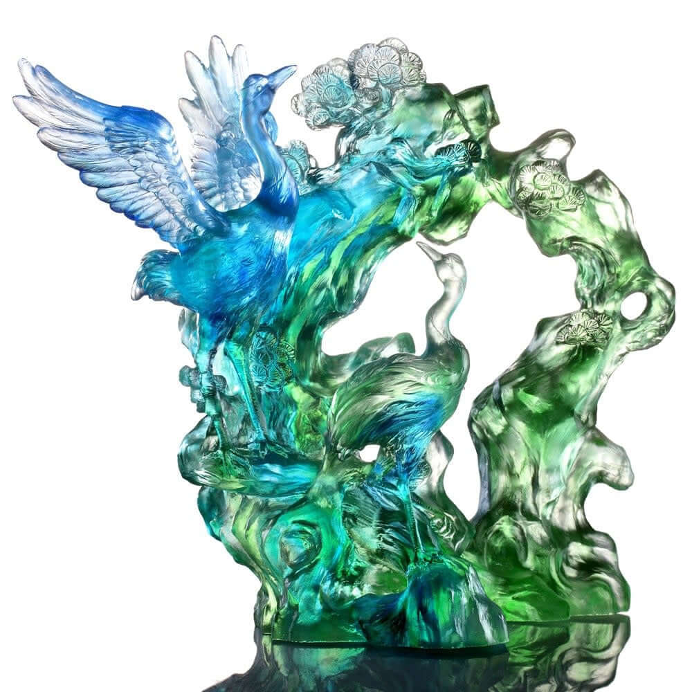 LIULI Crystal Art Crystal Bird, Crane, Infinite Eternity in Blue Green Clear