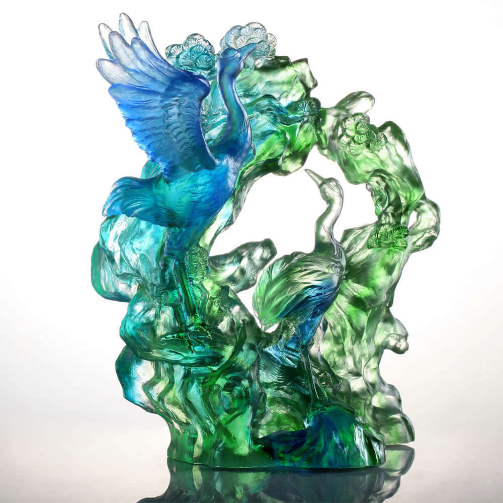 LIULI Crystal Art Crystal Bird, Crane, Infinite Eternity in Blue Green Clear