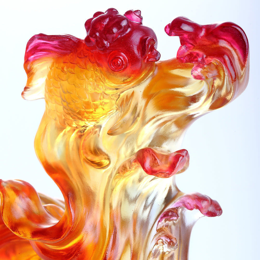 LIULI Crystal Art Crystal Fish, Goldfish, "Upstream In Song" in Amber