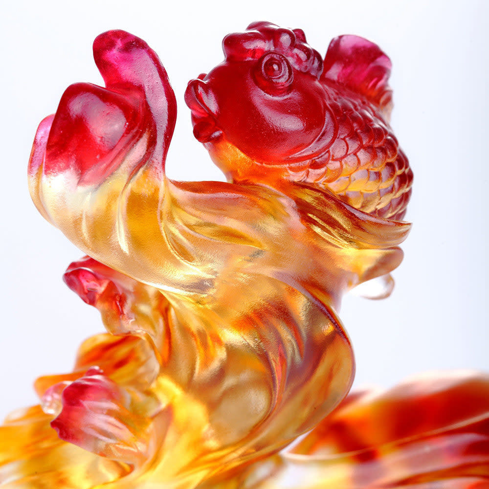LIULI Crystal Art Crystal Fish, Goldfish, "Upstream In Song" in Amber