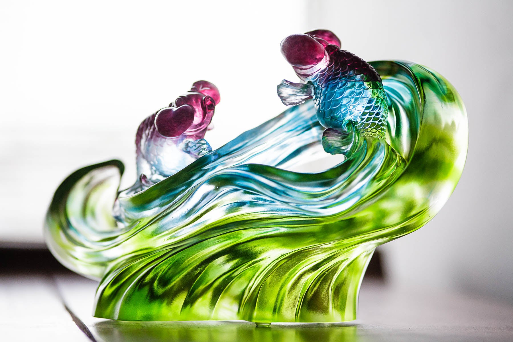 LIULI Crystal Art Crystal Gold Fish Figurine (Enjoyment) - "Echo of Joy" in Blue/Green
