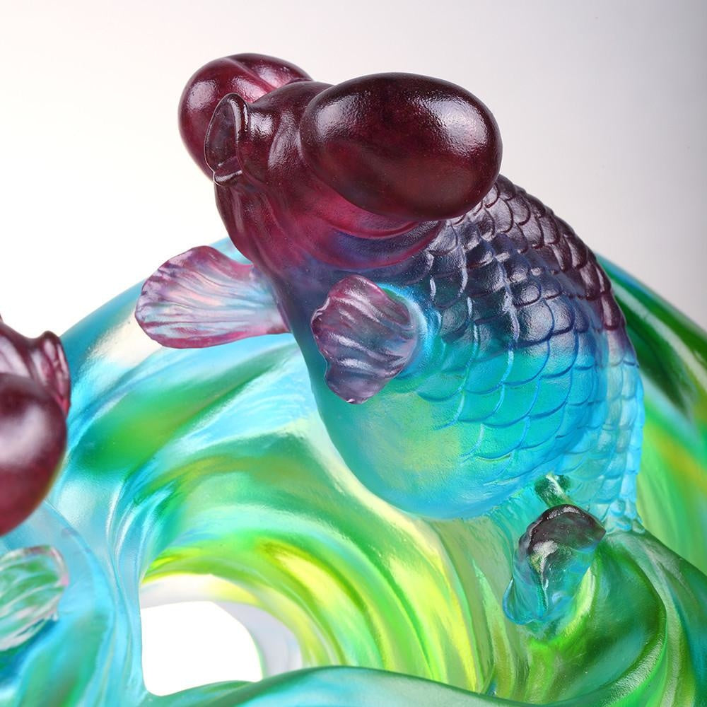 LIULI Crystal Art Crystal Gold Fish Figurine (Enjoyment) - "Echo of Joy" in Blue/Green