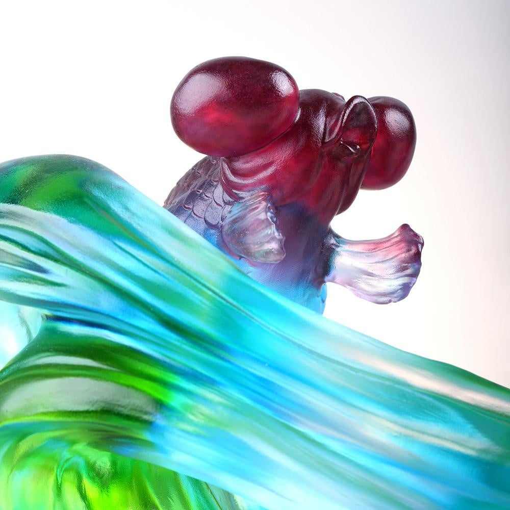 LIULI Crystal Art Crystal Gold Fish Figurine (Enjoyment) - "Echo of Joy" in Blue/Green