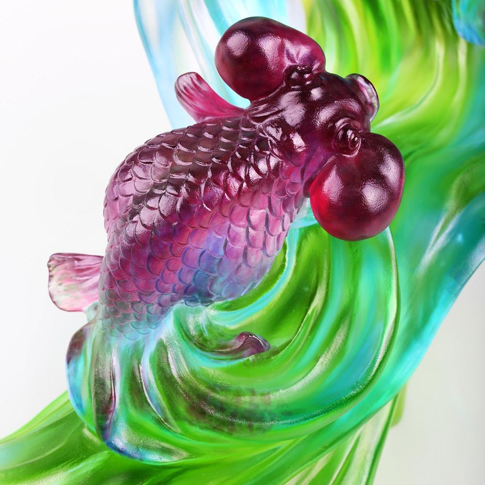 LIULI Crystal Art Crystal Gold Fish Figurine (Enjoyment) - "Echo of Joy" in Blue/Green