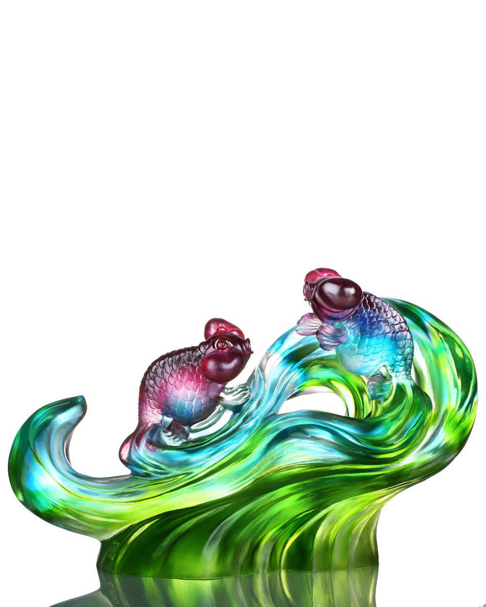 LIULI Crystal Art Crystal Gold Fish Figurine (Enjoyment) - "Echo of Joy" in Blue/Green