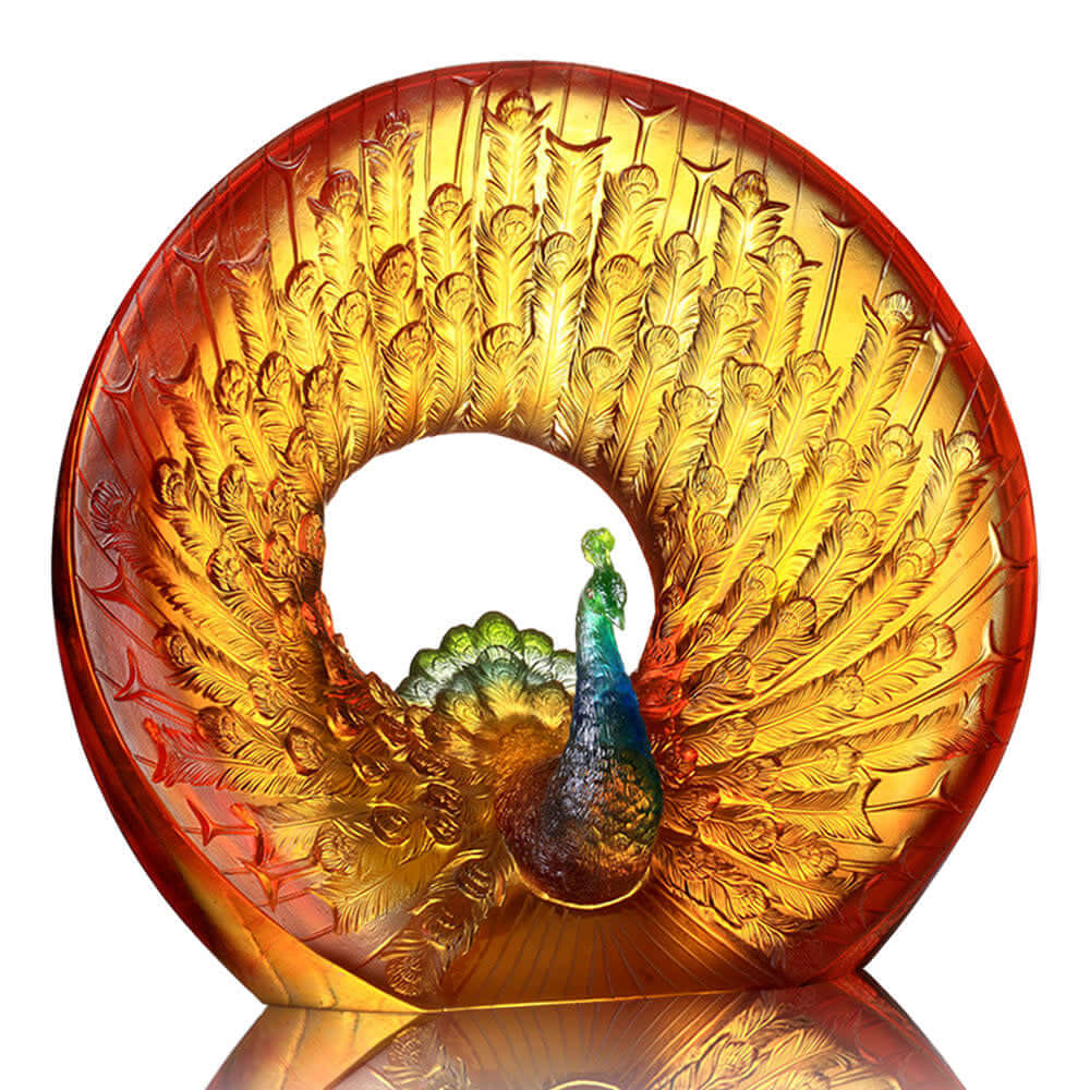 LIULI Crystal Art Crystal Bird, Peacock, "Golden Age of Opulent Beauty"