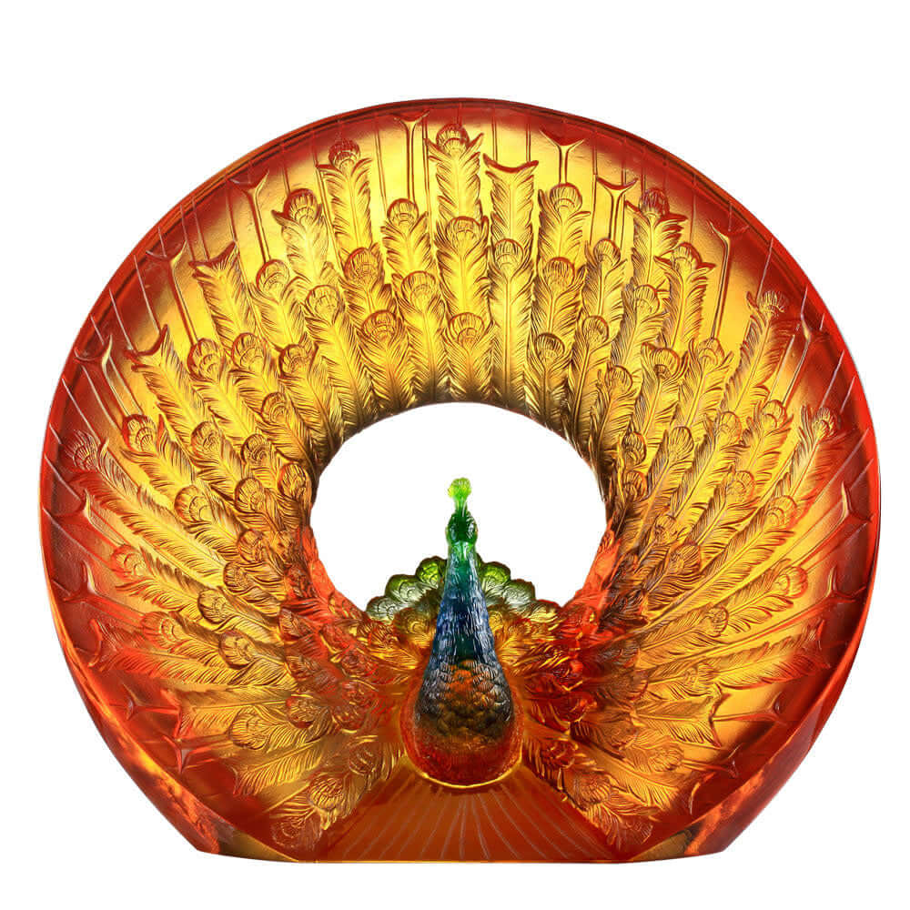 LIULI Crystal Art Crystal Bird, Peacock, "Golden Age of Opulent Beauty"