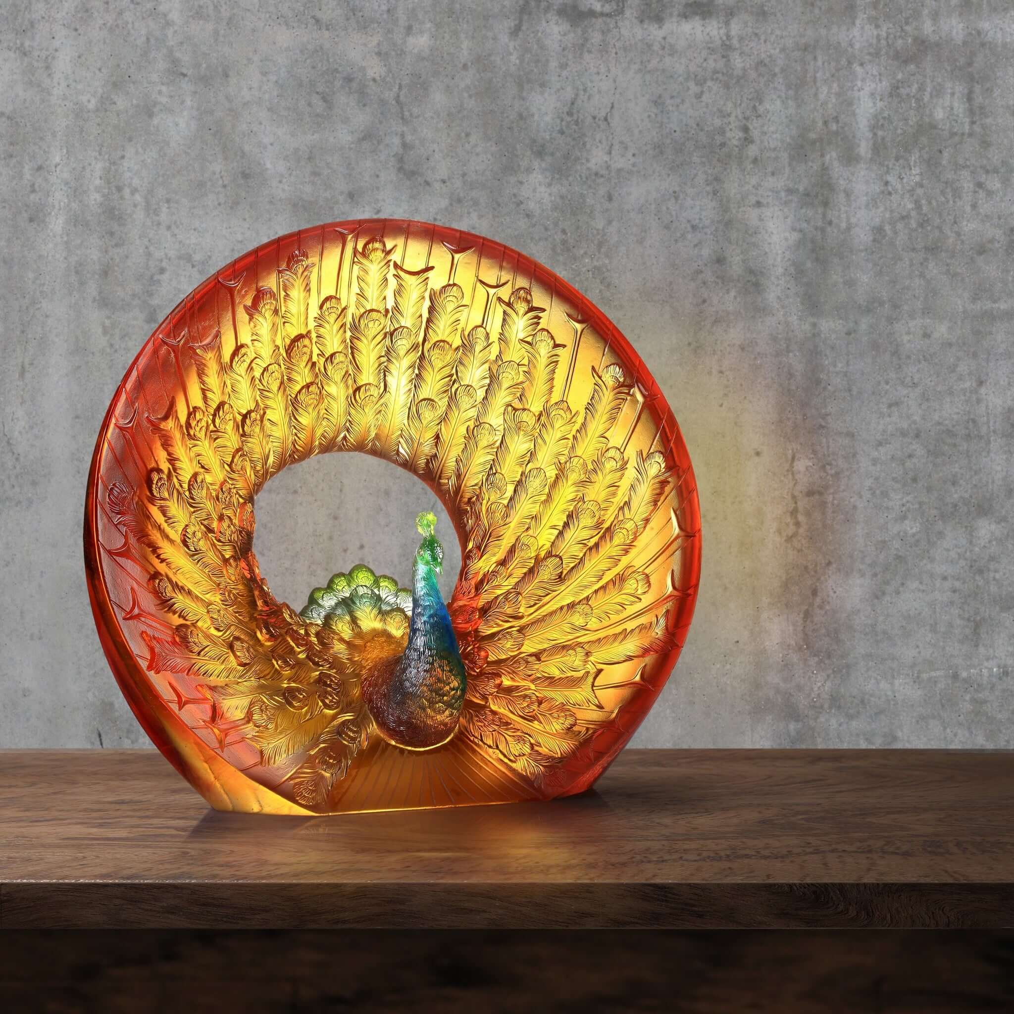 LIULI Crystal Art Crystal Bird, Peacock, "Golden Age of Opulent Beauty"