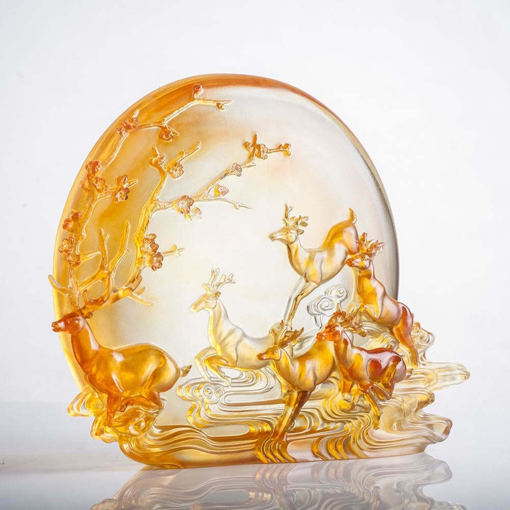 LIULI Crystal Art Crystal Deer Statue "Song of Triumph" in Amber (Limited Edition)
