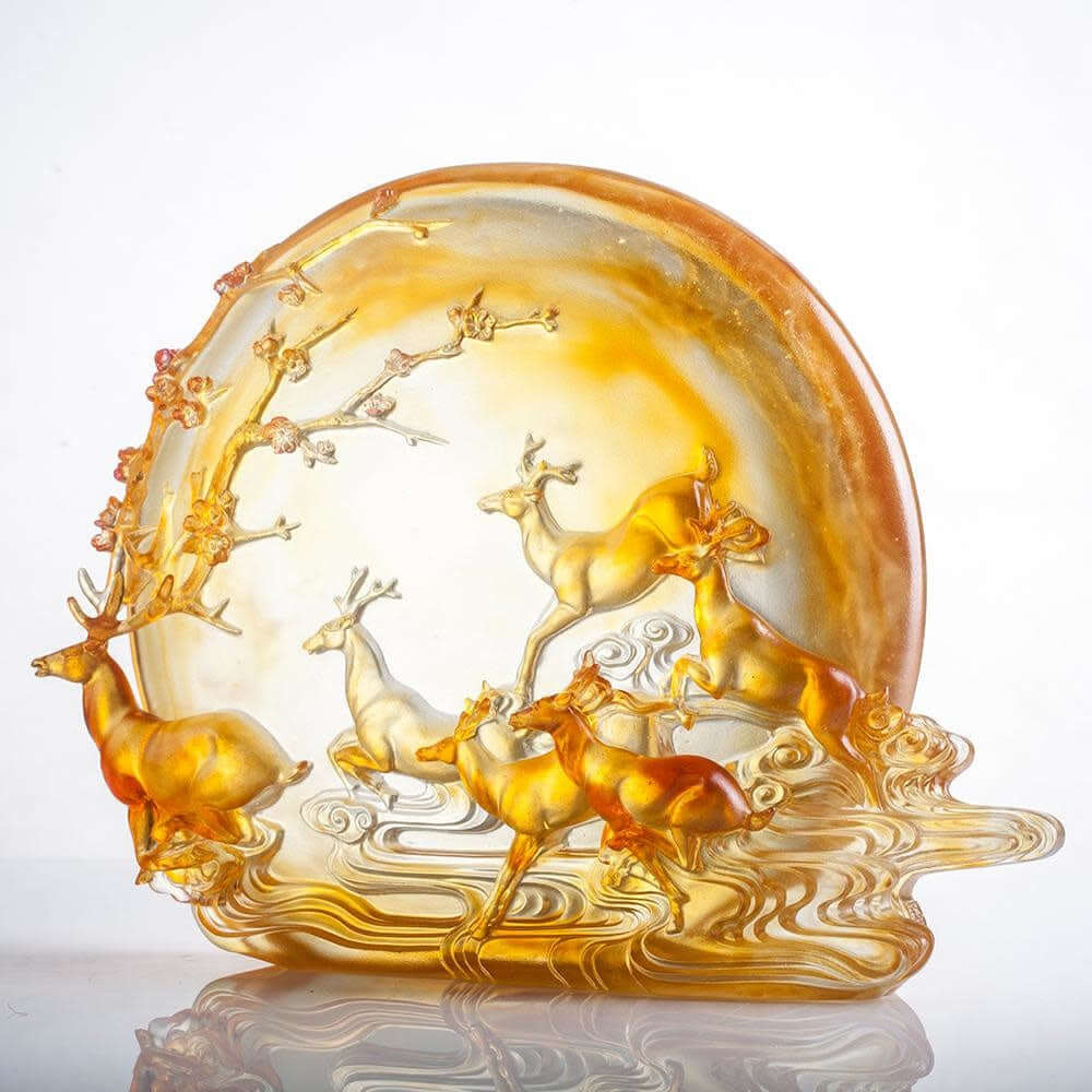 LIULI Crystal Art Crystal Deer Statue "Song of Triumph" in Amber (Limited Edition)
