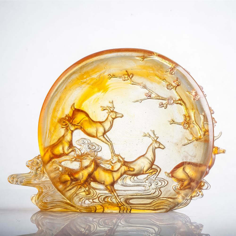 LIULI Crystal Art Crystal Deer Statue "Song of Triumph" in Amber (Limited Edition)
