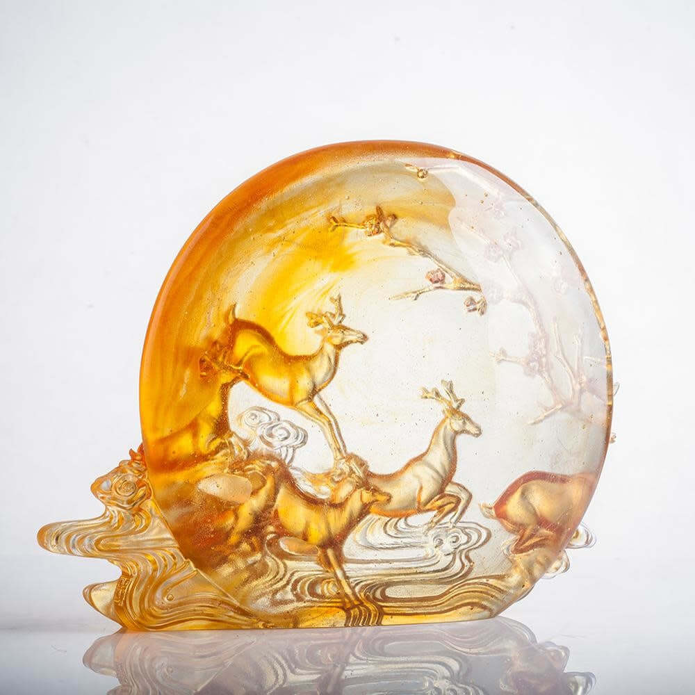 LIULI Crystal Art Crystal Deer Statue "Song of Triumph" in Amber (Limited Edition)