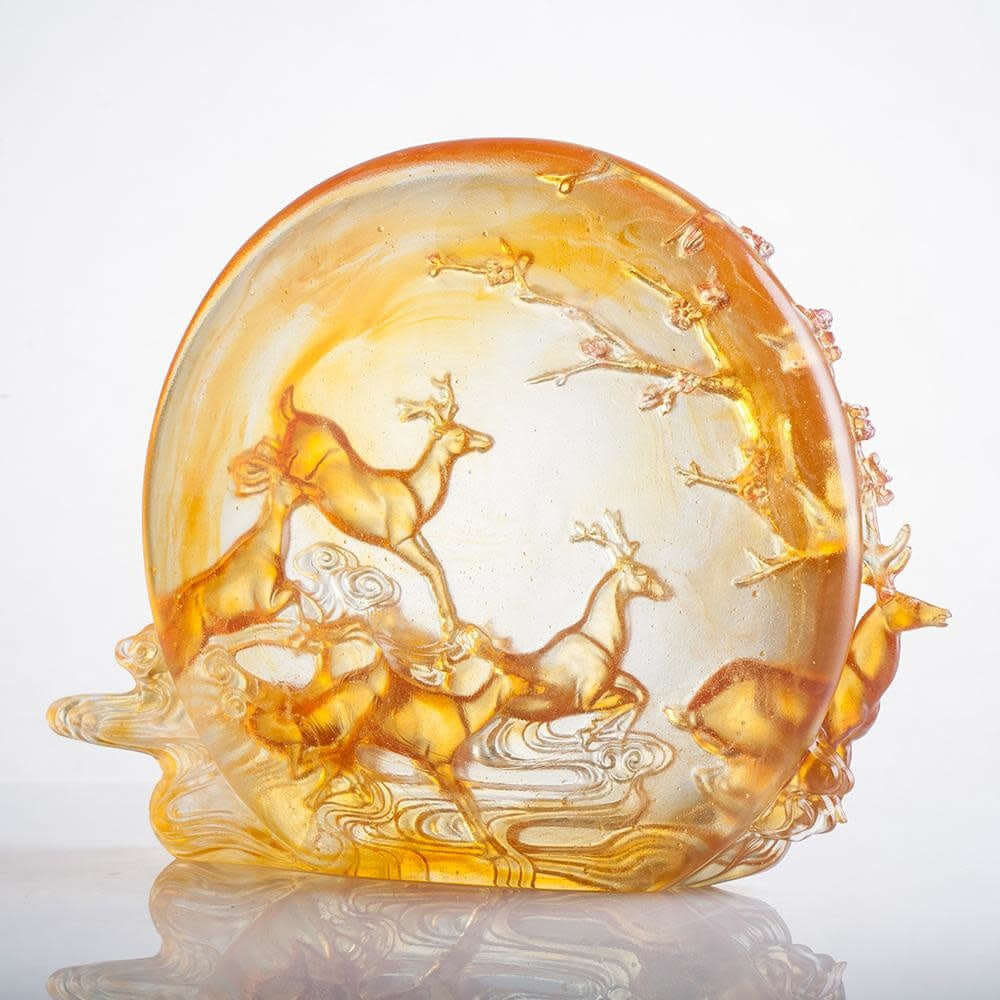 LIULI Crystal Art Crystal Deer Statue "Song of Triumph" in Amber (Limited Edition)