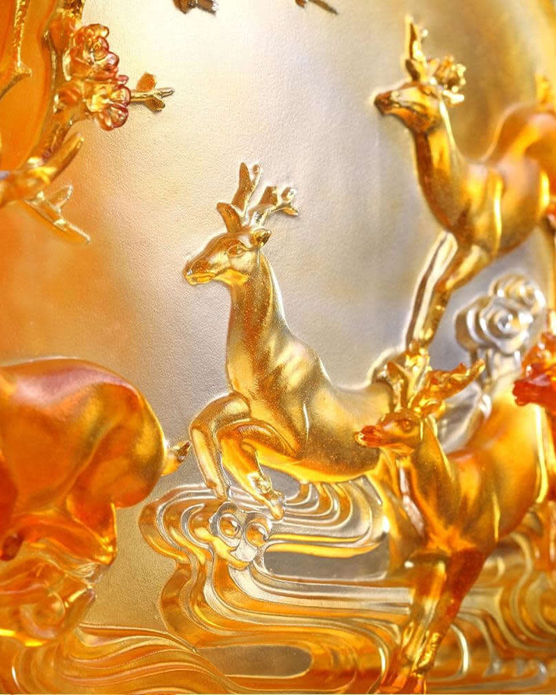 LIULI Crystal Art Crystal Deer Statue "Song of Triumph" in Amber (Limited Edition)