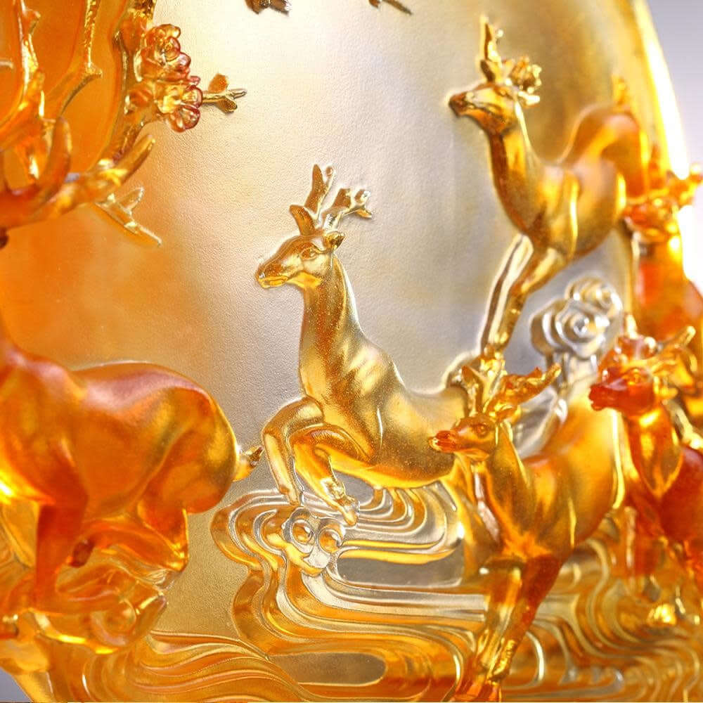 LIULI Crystal Art Crystal Deer Statue "Song of Triumph" in Amber (Limited Edition)