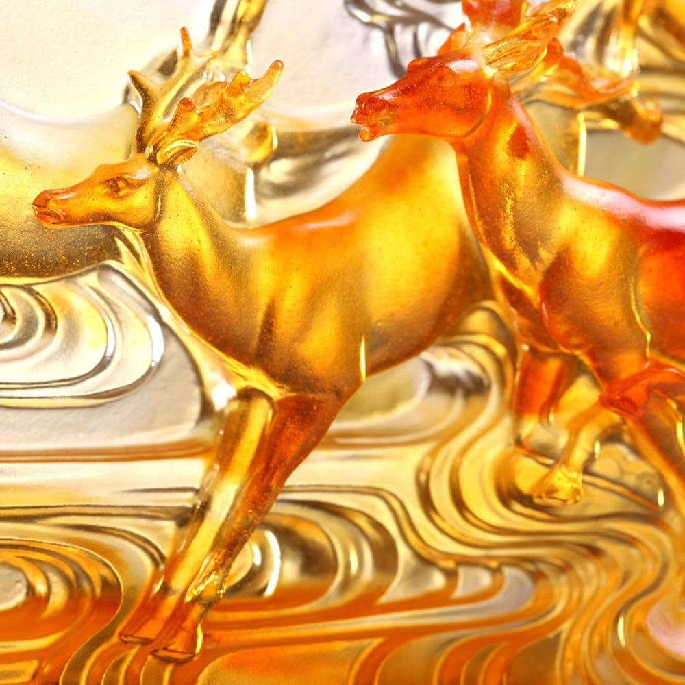LIULI Crystal Art Crystal Deer Statue "Song of Triumph" in Amber (Limited Edition)