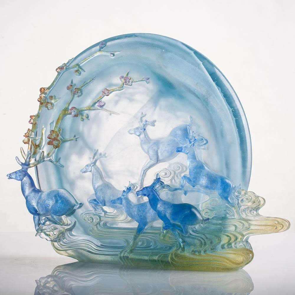 LIULI Crystal Art Crystal Deer Statue "Song of Triumph" in Blue