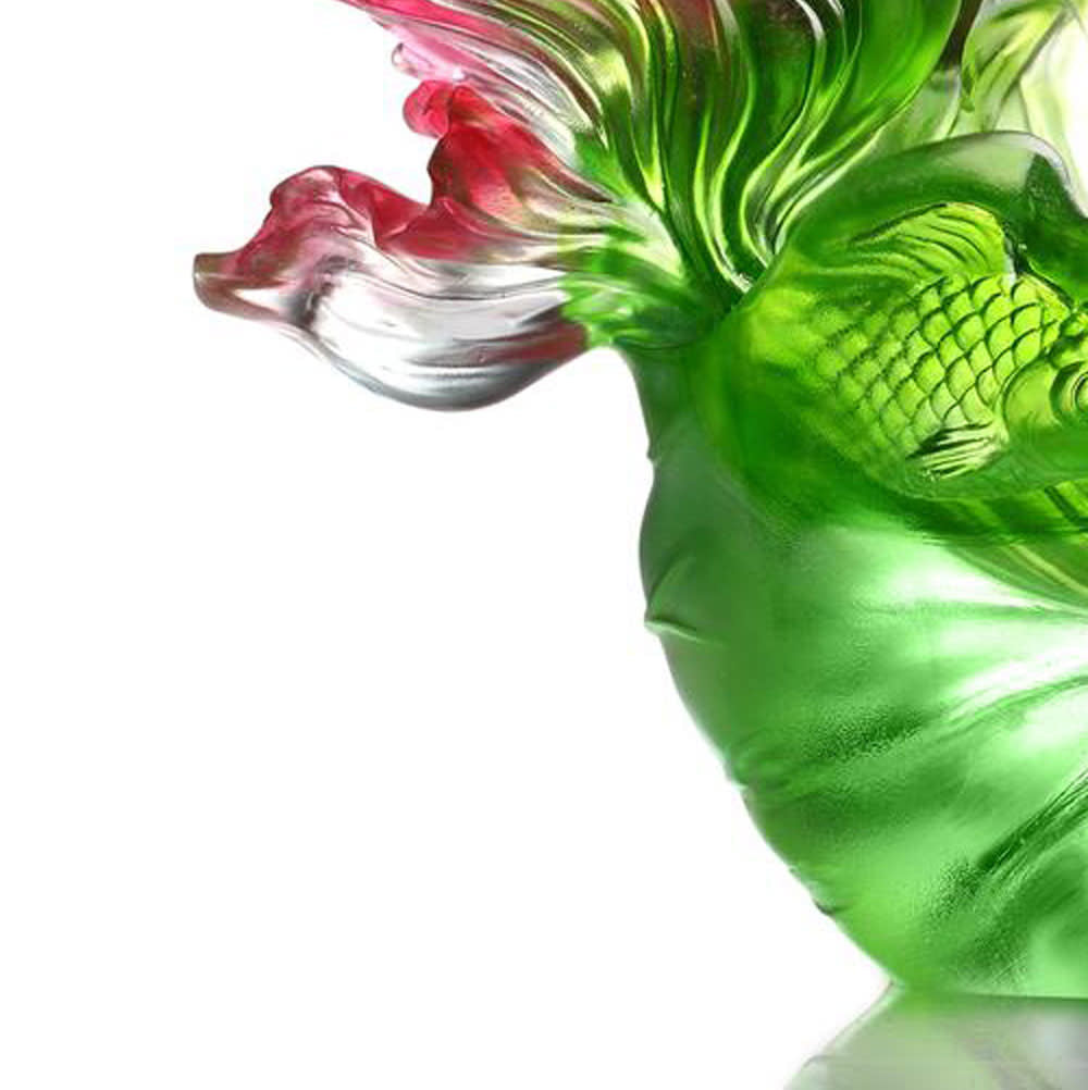 LIULI Crystal Art LIULI Crystal Fish and Lotus Leaves, "Precious Harmony" in Green