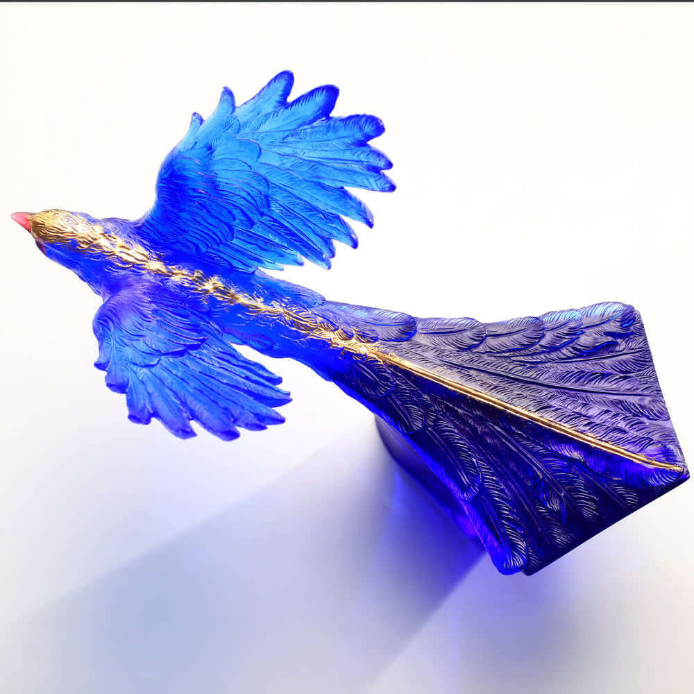 LIULI Crystal Art Aligned with the Light, I am the Prize, Blue Magpie Bird Figurine with GIlded Gold Stripe